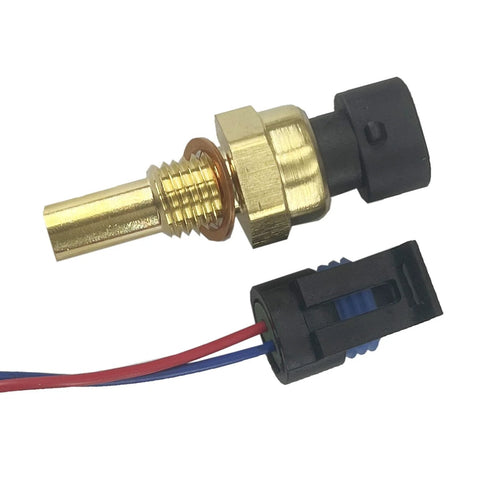 Engine coolant temperature sensor with pigtail connector; brass threaded probe, black plug, red and blue wires