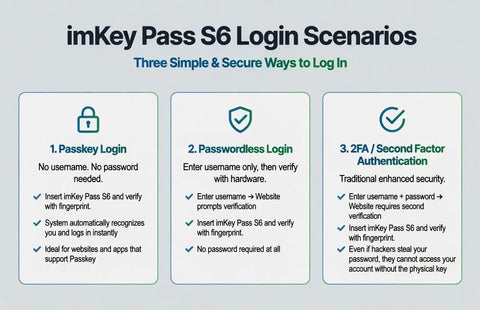 imKey Pass S6 login scenarios infographic illustrating three secure login methods using Ironclad Fingerprint Security Key With Fido2 Certified Biometrics.