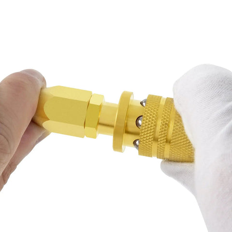 Hand holding Brass Pneumatic Hose End Repair Fitting 1 Quarter Inch ID 1 Quarter Inch Barb Reusable Replacement Plug for polyurethane hose