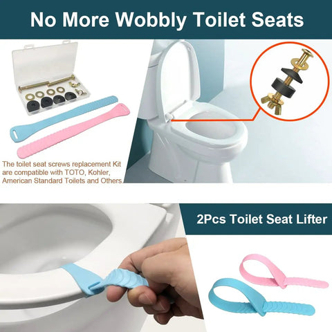 Seat Screws Replacement Kit for Top Mount Toilet Hinges with stainless steel bolts and lifter tabs shown on a toilet