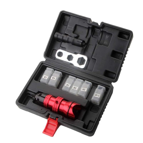 Rivet Nut Tool Kit For DIY Projects With Drill Adapter No Rivet Nuts Included Fits M3 Through M8 Nuts in open case with adapters