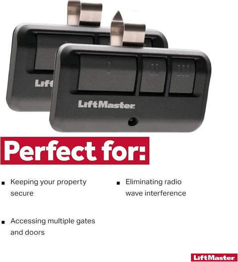 Security+ 2.0 3 Button Visor Clip Garage Door Opener Remote For Yellow Button Models; two remotes with text "Perfect for keeping your property secure."