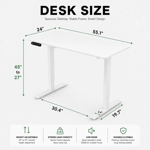 Built Like A Tank 55 Inch White Electric Standing Desk With Height Adjustable Reinforced Frame. Dimensions shown are 55.1" x 24".