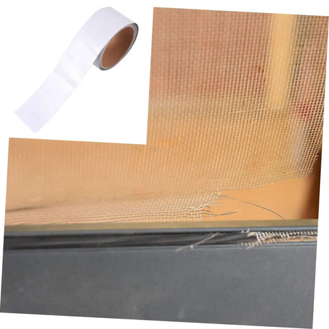 Two Pack Window Screen Repair Tape Fiberglass Mesh Patches For Tears And Rips In Doors And Windows Quick DIY Fix With High Viscosity Backing Durable And Easy To Apply, shown unrolled and applied on a screen