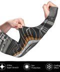 Cyborg Arm Sleeves For Men And Women Cool Stretchy Compression Sleeve For Cycling Golf Running And Fishing being pulled to show stretch.
