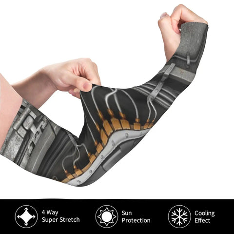 Cyborg Arm Sleeves For Men And Women Cool Stretchy Compression Sleeve For Cycling Golf Running And Fishing being pulled to show stretch.