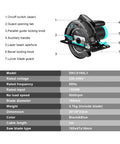 Shop Grade Heavy Duty Electric Circular Saw With 1500W Motor And 185mm Blade showing specifications and design features.