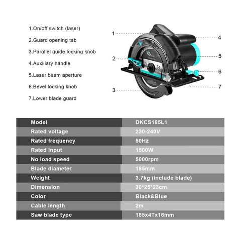 Shop Grade Heavy Duty Electric Circular Saw With 1500W Motor And 185mm Blade showing specifications and design features.