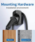Hella Secure Ev Charger Holder Wall Mount For Sae J1772 Type 1 Cable Organizer installation on wooden and cement walls.