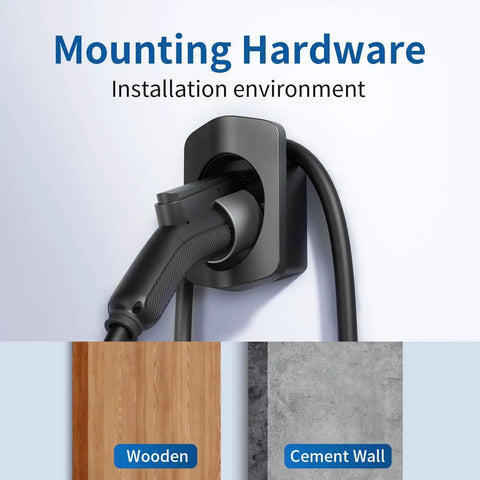Hella Secure Ev Charger Holder Wall Mount For Sae J1772 Type 1 Cable Organizer installation on wooden and cement walls.