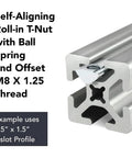 Built Tough Threaded M8 Steel Self Aligning Roll In T Nuts With Ball Spring For 15 40 Series Aluminum Extrusion in T-slot Profile.