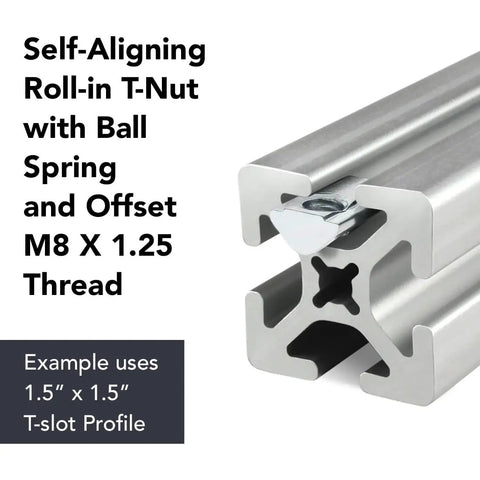 Built Tough Threaded M8 Steel Self Aligning Roll In T Nuts With Ball Spring For 15 40 Series Aluminum Extrusion in T-slot Profile.