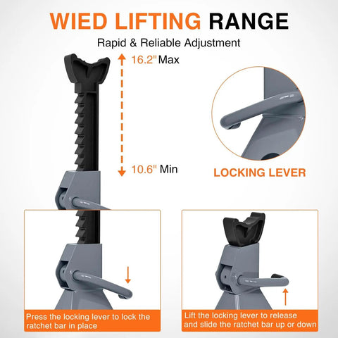 Beefy Two Ton Heavy Duty Steel Jack Stands Set For Cars Adjustable Height From 10.6 To 16.2 Inches Welded Frame details