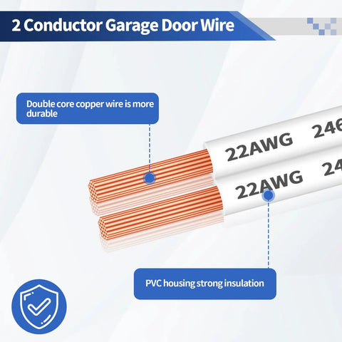 Close-up of 22 AWG 2 Pin Universal Garage Door Wire, showcasing copper core and PVC insulation, part of 100 ft roll for sensors and control stations.
