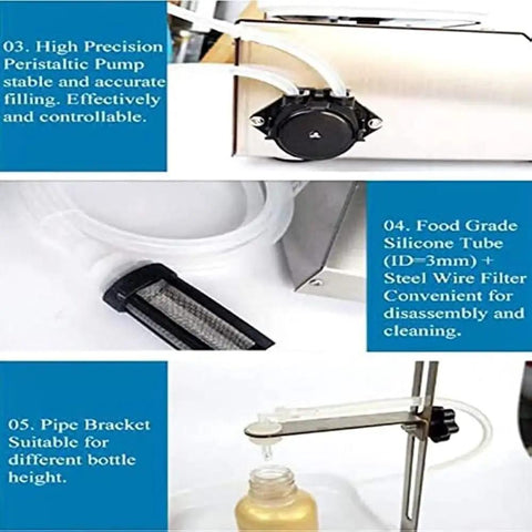 Automatic Liquid Filling Machine With 17 Liters Per Minute Commercial Stainless Steel Bottle Filler For Food And Lotions Heavy Diaphragm Pump showing food grade silicone tube and steel wire filter.