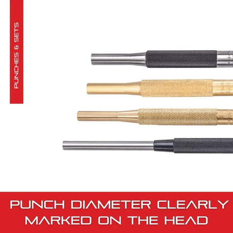Drive Pin Punch Set With Knurled Grip, 4 Inch Length, 8 Piece, hardened steel pin punches with size marked heads.
