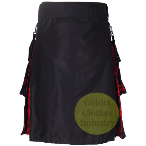 Men's Black MacLachlan Hybrid Kilt With Leather Straps And Detachable Cargo Pockets Hella Comfy 100 Cotton Build Featuring Fast Snaps And Heavy Chain Details For A Top Shelf Streetready Fit 42 Inch side view with red plaid details.