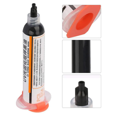 Two Pack UV Curing Solder Mask Ink In Black And Green For BGA PCBs, 1um particle size, quick UV cure, close-up of black ink syringe