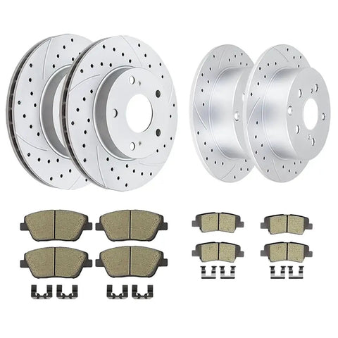 Front and rear drilled and slotted brake rotors and ceramic brake pads kit for Hyundai Sonata and Kia Optima 2011 2015