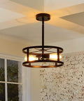 Industrial Black Semi Flush Mount Ceiling Light With Adjustable Height And Two Light Fixtures installed on ceiling