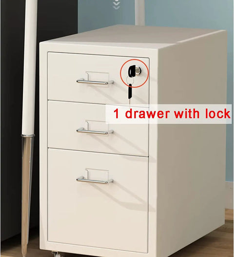 Mobile Metal File Cabinet With Lock Three Drawer Rolling Organizer for home office, showing lock mechanism on top drawer.