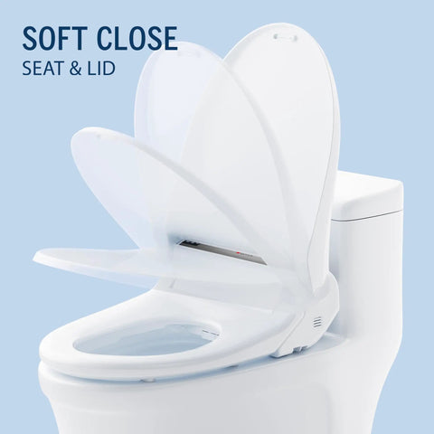 Round Bidet Toilet Seat With Wireless Remote Instant Warm Water Wash Heated Seat Air Dryer Deodorizer Night Light Eco Mode Top Shelf Comfort Fresh Clean Every Time No Sweat Install Bathroom Glow Up showing soft close seat and lid.