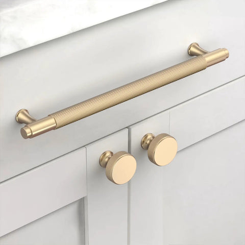 Premium Knurled Gold Cabinet Pulls Ten Pack Slick Seven Inch Center Metal Drawer Handles Heavy Duty Rock Solid Build Easy Center Mount Kitchen Cupboard Hardware Upgrade on white cabinets.