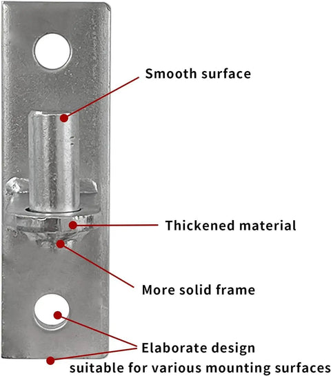 Close-up of Built Tough Heavy Duty Wall Mount Gate Hinges Two Pack for Outdoor Chain Link Fence, Galvanized Steel, Five Eighth Inch Pin