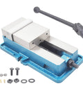 Shop Ready 5 Inch Heavy Duty Milling Machine Vise Crafted From Rock Solid Cast Iron With Precision Ground Rails, angled view with parts.