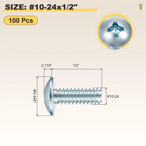 Top Shelf Steel Phillips Head Machine Screws No 10-24 By Half Inch 100 Pack shown with dimensions and details for woodworking.