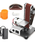 Compact Mini Belt Sander With 7 Variable Speed Settings setup, showcasing motor, sanding belt, and accessories for precision work.