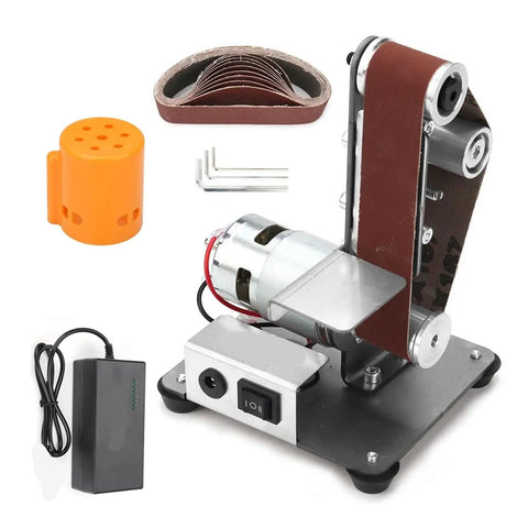 Compact Mini Belt Sander With 7 Variable Speed Settings setup, showcasing motor, sanding belt, and accessories for precision work.