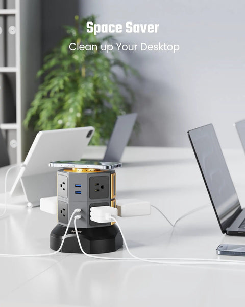 Power Strip Tower With 15W Magnetic Wireless Charger On Top, 6.5Ft Retractable Cord, 1050J Surge Protector on a desk