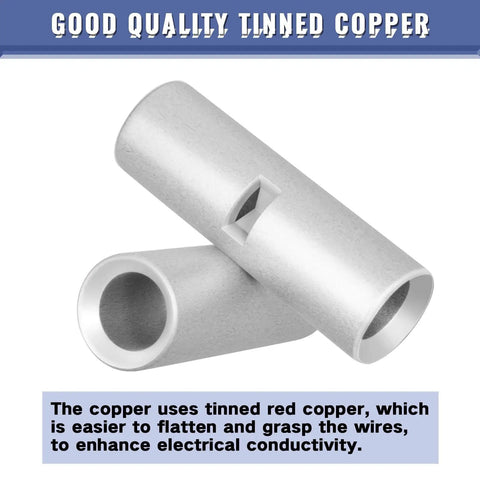 Close-up of two uninsulated butt connectors from the Beefy 460 Piece Non Insulated Butt Connectors Kit For 24 To 8 Gauge Wire, tinned red copper material.