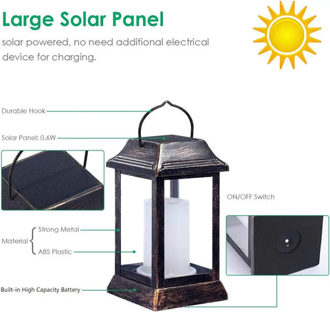Lit Flickering Flame Solar Lanterns Set Metal Outdoor Hanging Lights Waterproof LED Flame Lamps For Patio Garden Bronze Finish