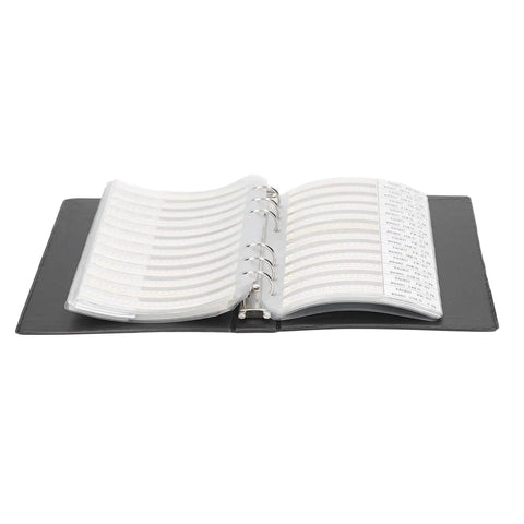Open binder displaying the 0402 SMD Resistor Assortment Kit One Percent Precision With Eight Thousand Five Hundred Pieces Across One Hundred Seventy Values