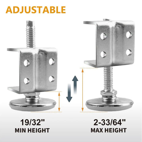 Heavy Duty U Shaped Bracket Leg Levelers Set with Non Marring Feet Adjustable Furniture Levelers height range 19/32 to 2-33/64 inches