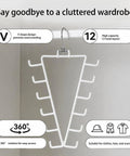 Game Changing Dual Side Closet Hanger With Twelve Rotating Hooks For Organizing Belts Scarves Ties And Gear; white V-shaped design.