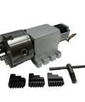 High Precision Harmonic Drive Reducer Dividing Head 4th Axis CNC Rotary Axis With 100mm Chuck And Three To Four Jaw Chuck 50 To 1 Speed Reduction Ideal For Woodworking Tools Milling And Engraving; CNC rotary head with jaws