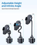 Built Tough Cup Holder Phone Mount with Solid Metal Gooseneck and Anti Shake Stabilizer shown in adjustable heights.