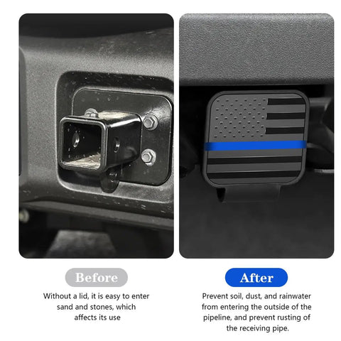 Before and after using American Flag Trailer Hitch Cover 2 Inch Dustproof Tow Receiver Tube Plug Universal Fit for Most Cars, Durable TPU Patriotic Exterior Cap in Black and Blue