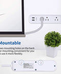 Mounted Three Outlet Power Strip With Two USB Ports 2.4A Total White 6 Foot Cord 1250W 10A Surge Protector 300 Joules Wall Mountable