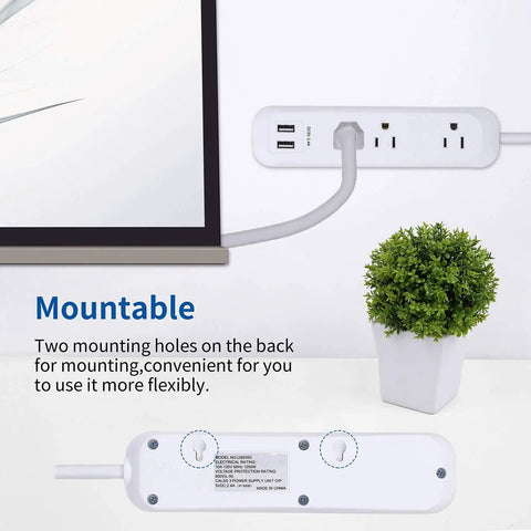 Mounted Three Outlet Power Strip With Two USB Ports 2.4A Total White 6 Foot Cord 1250W 10A Surge Protector 300 Joules Wall Mountable