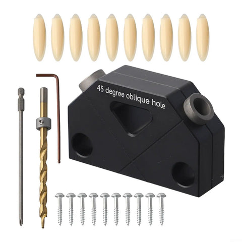Top Tier 45 Degree Dowel Jig Wood Joinery Tool Aluminum Drill Guide For Furniture Crafts and Cabinet Assembly with drilling bit and screws.