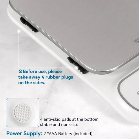 Close-up of waterproof IPX6 kitchen scale showing stainless steel platform, rubber plugs, and anti-skid pads.