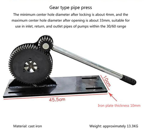 Professional Manual Hose Crimper Tool With Large Gear Press System For 6 To 32 Mm Tubing Heavy Duty Stainless Steel Construction, showing gear type pipe press.