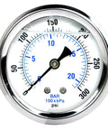 Pressure gauge, 2.5-inch dial, stainless steel liquid-filled, 0–300 psi, center back mount, 1/4 in NPT male