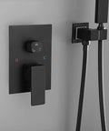 Close-up of the matte black handle and control valve from the Shower System 16 Inch Square Bathroom Rain Mixer Shower Combo Set.