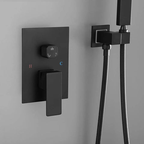 Close-up of the matte black handle and control valve from the Shower System 16 Inch Square Bathroom Rain Mixer Shower Combo Set.