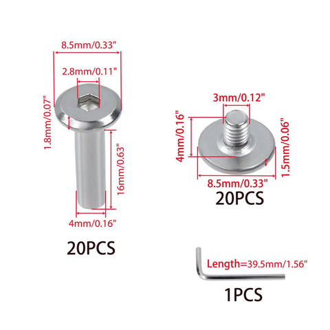 Rock Solid Pro Grade Stainless Steel Barrel Nuts And Bolts Kit With Hex Binding Post Screws and Rust Proof M3x16mm Hardware for Gnarly Guitar Mods and Sweet DIY Builds, showing hex screws and barrel nuts with dimensions.